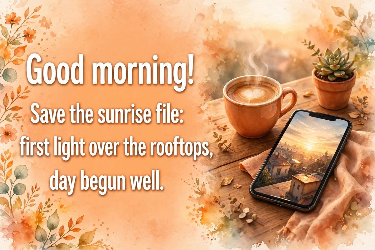 Good morning download wish saying save the sunrise file, first light over the rooftops, day begun well, with a phone showing a rooftop sunrise beside coffee and a plant