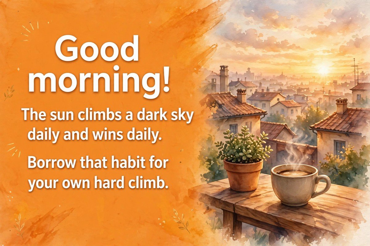 Inspirational good morning wish saying the sun climbs a dark sky daily and wins daily, borrow that habit for your own hard climb, with a coffee cup and a plant on a wooden table at sunrise
