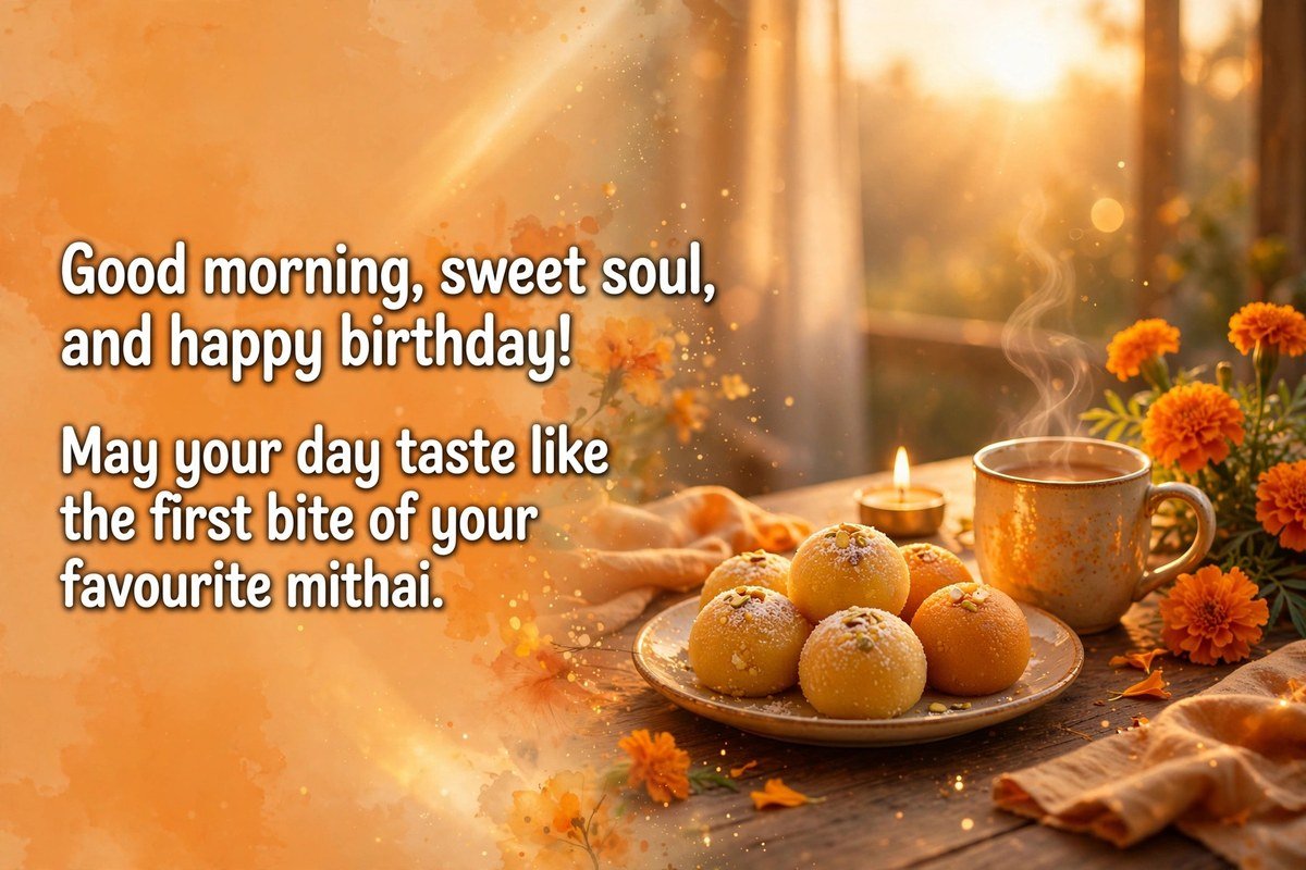 Sweet good morning birthday wish saying good morning, sweet soul, and happy birthday, may your day taste like the first bite of your favourite mithai, with a plate of golden mithai, a cup of warm tea, marigold flowers and a small birthday candle on a wooden table at sunrise