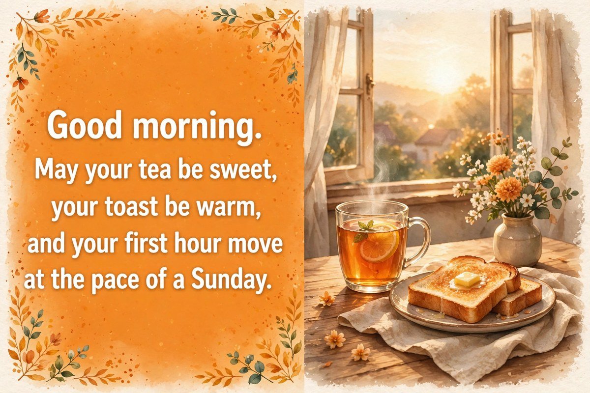 Sweet good morning wishes message saying good morning, may your tea be sweet, your toast be warm, and your first hour move at the pace of a Sunday, with a cup of tea and warm toast on a wooden table by a window at sunrise